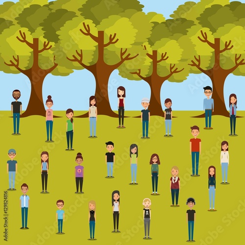 cartoon young people in the park with trees over white background. colorful design. vector illustration
