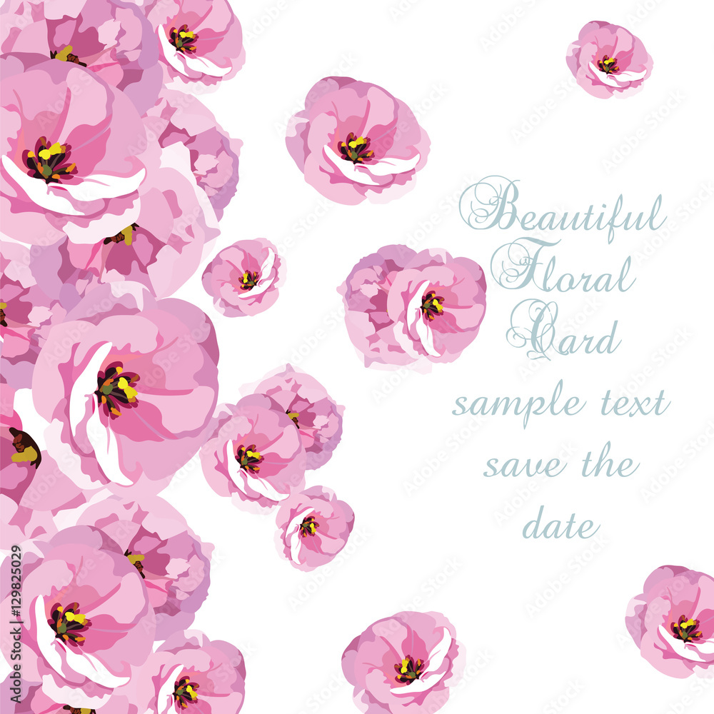 Fototapeta premium Watercolor Pink Rose flowers card. Vector floral border for background greeting cards, invitations, weddings, birthday, Valentine's Day, Mother's Day