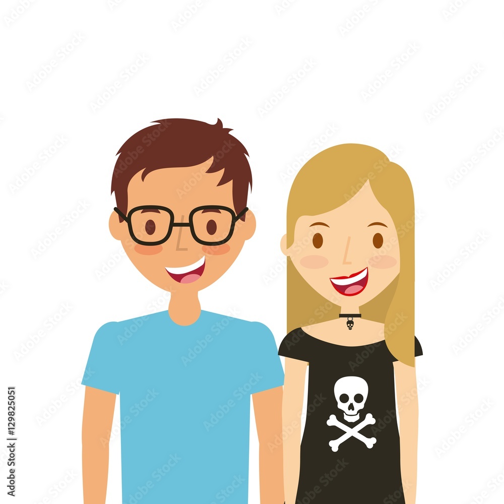 cartoon young couple smiling and wearing casual clothes over white background. colorful design. vector illustration cartoon young couple smiling and wearing casual clothes over white background. colorful design. vector illustration