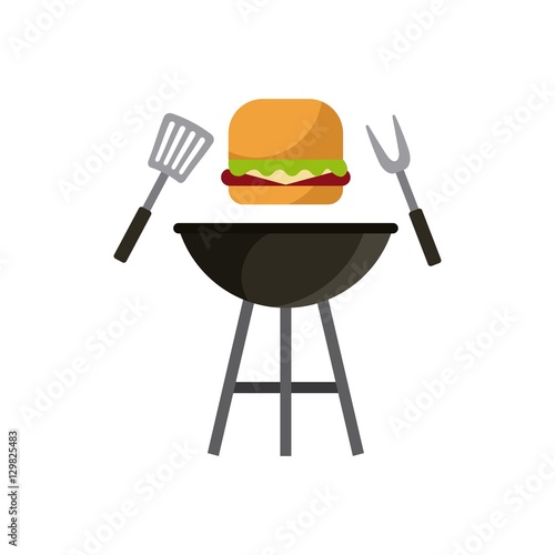 barbecue grill with hamburger and utensils icon over white background. colorful design. vector illustration