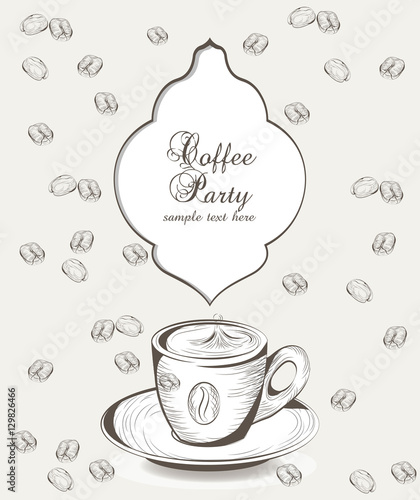Vintage Cup of coffee with coffee beans. Vector illustration engraved sketch ...