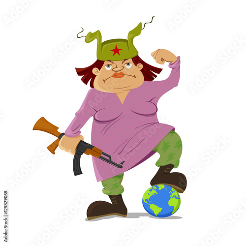 woman in a russian hat ushanka with a kalashnikov