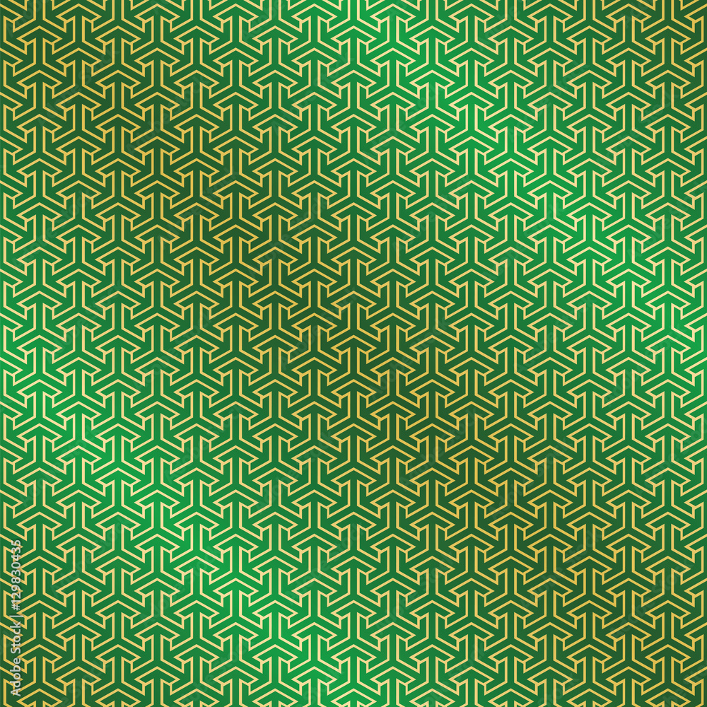 Seamless Arabic intersecting geometric pattern in green and gold.