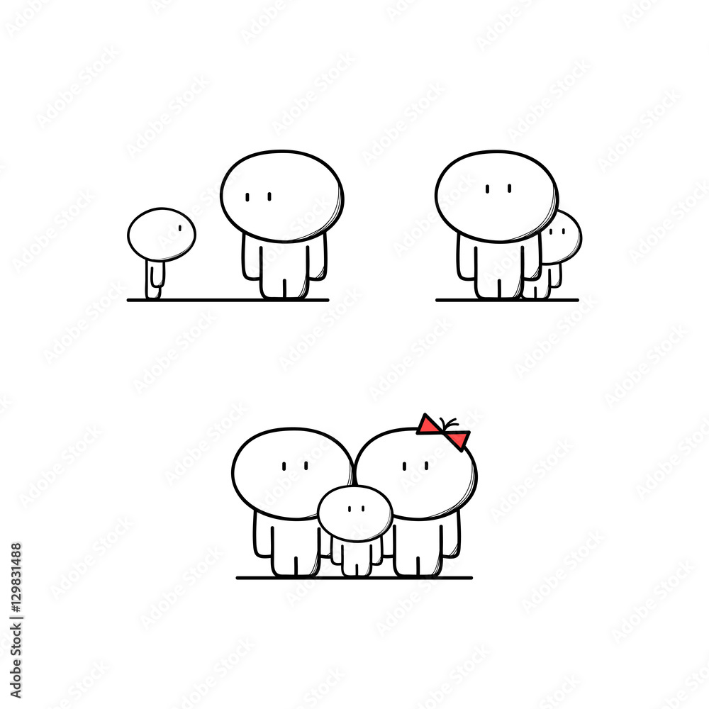 Cute man and a kid, scared or curious child behind the father, full family with mother. Safe and protection - cartoon vector illustration. Cute man and a kid, scared or curious child behind the father, full family with mother. Safe and protection - cartoon vector illustration.