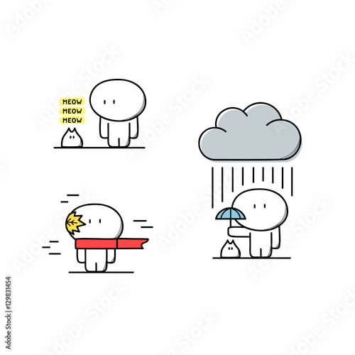 Cute man takes care of pet or kitty, with umbrella under the rain and cloud, in scarf on the wind with the leaf. Autumn, fiendship and kindness - cartoon vector illustration.
