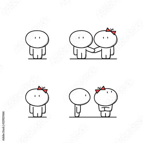 Cute man and woman alone and together, boy and girl couple in love, husband and wife have a fight or quarrel. Relationships, family, love, argument and divorce - cartoon vector illustration.