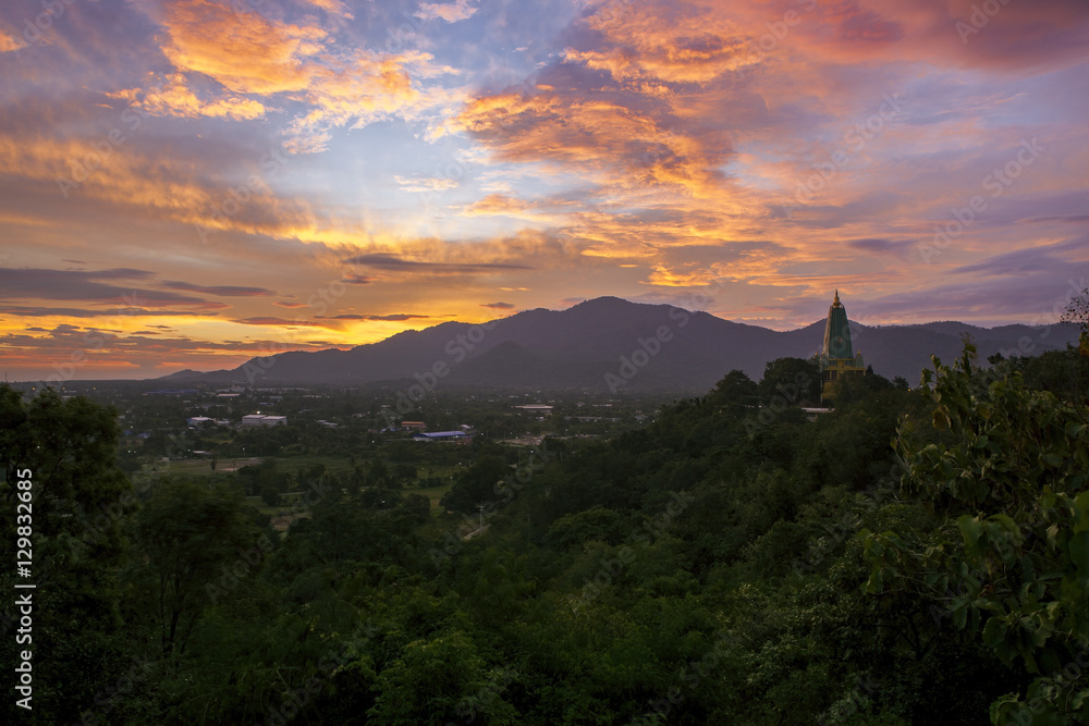 beautiful landscape sun rising sky and buddha pagoda in chonburi