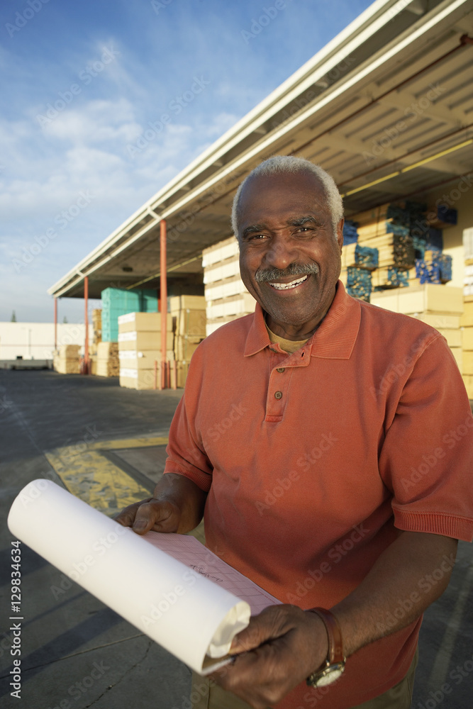 Fototapeta premium Portrait of a senior warehouse worker holding clipboard