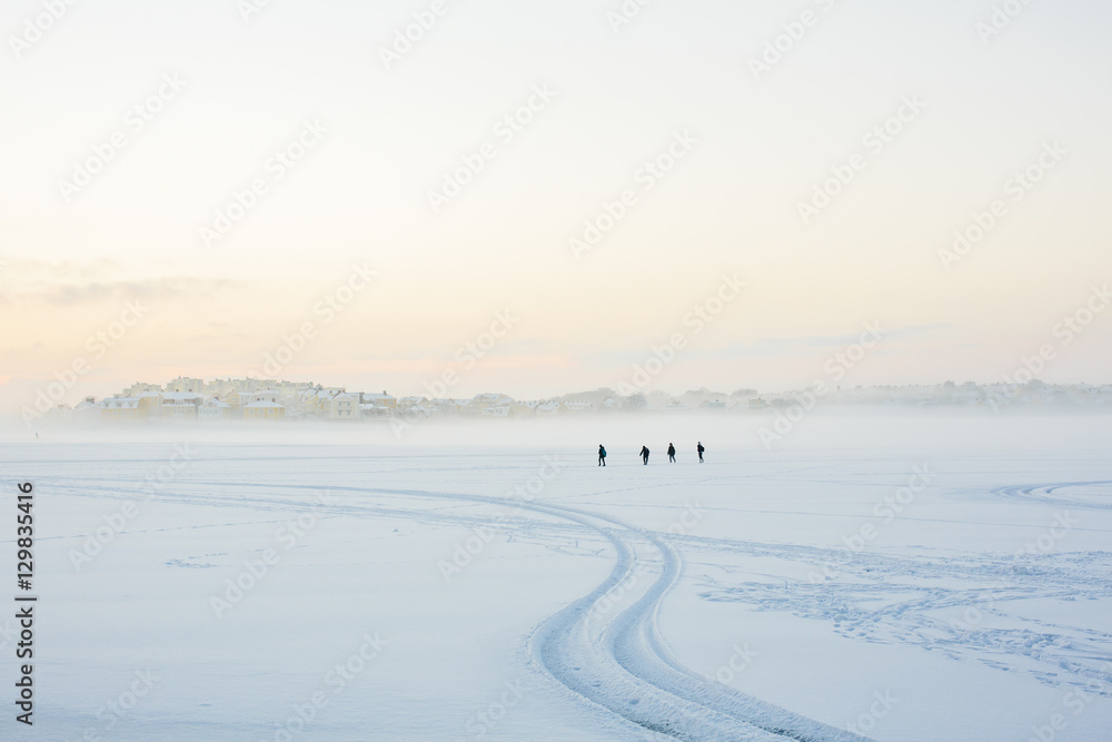 Sweden, Blekinge, Karlskrona, Borgmastarefjarden, Snowy landscape with people walking in distance Sweden, Blekinge, Karlskrona, Borgmastarefjarden, Snowy landscape with people walking in distance