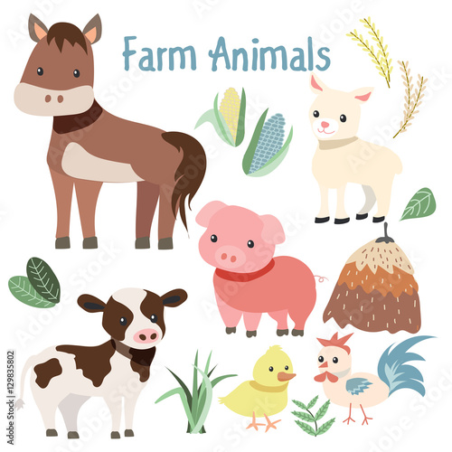 Fototapeta Naklejka Na Ścianę i Meble -  Cute Farm Animals and Plant Element Illustration Set