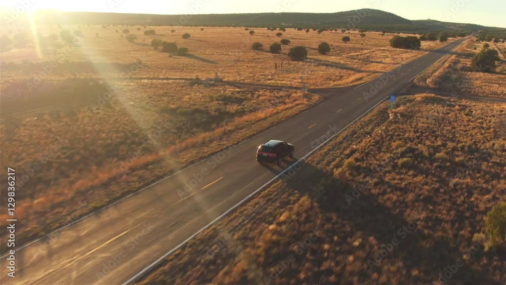AERIAL: Black car driving along empty country road at golden summer sunset