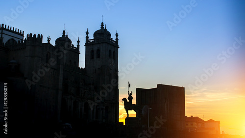 Silhouette of Porto Cathedral during sunset in the historical centre of Porto  Portugal. .