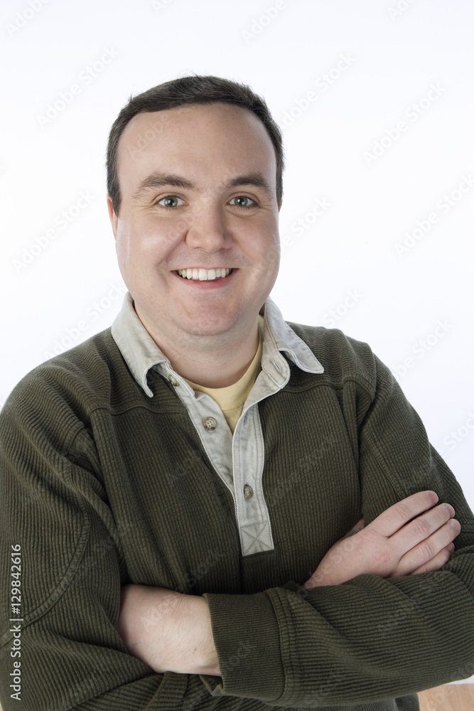 Portrait of middle aged man smiling with hands folded isolated over white background Portrait of middle aged man smiling with hands folded isolated over white background