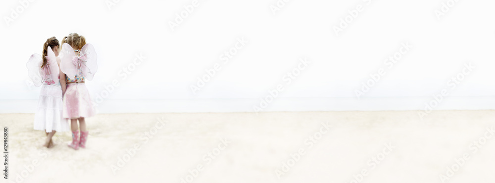 Full length rear view of young girls dressed as fairies at beach Full length rear view of young girls dressed as fairies at beach