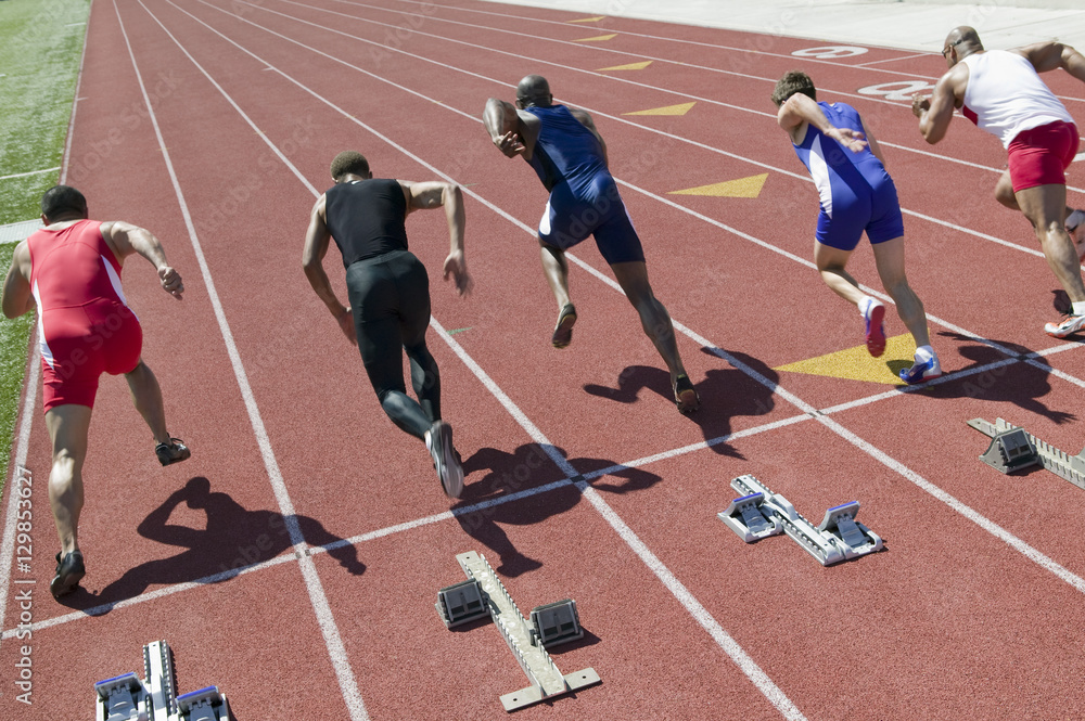 Fototapeta premium Rear view of multiethnic runners starting race on racetrack