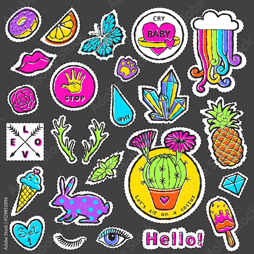 Fashion patch badge elements in cartoon 80s-90s comic style. Set modern trend doodle pop art sketch.