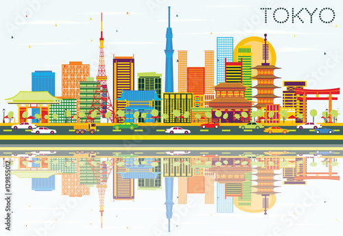 Tokyo Skyline with Color Buildings, Blue Sky and Reflections.