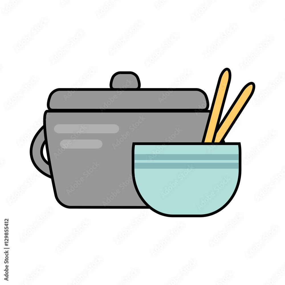Metal pan and a bowl of soup with chopsticks Metal pan and a bowl of soup with chopsticks