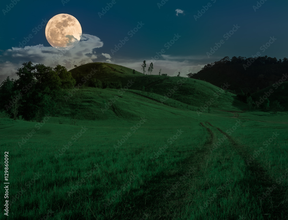 landscape of nature green grass hill under full moon light night. landscape of nature green grass hill under full moon light night.