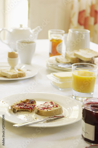 Closeup of breakfast set on table at home