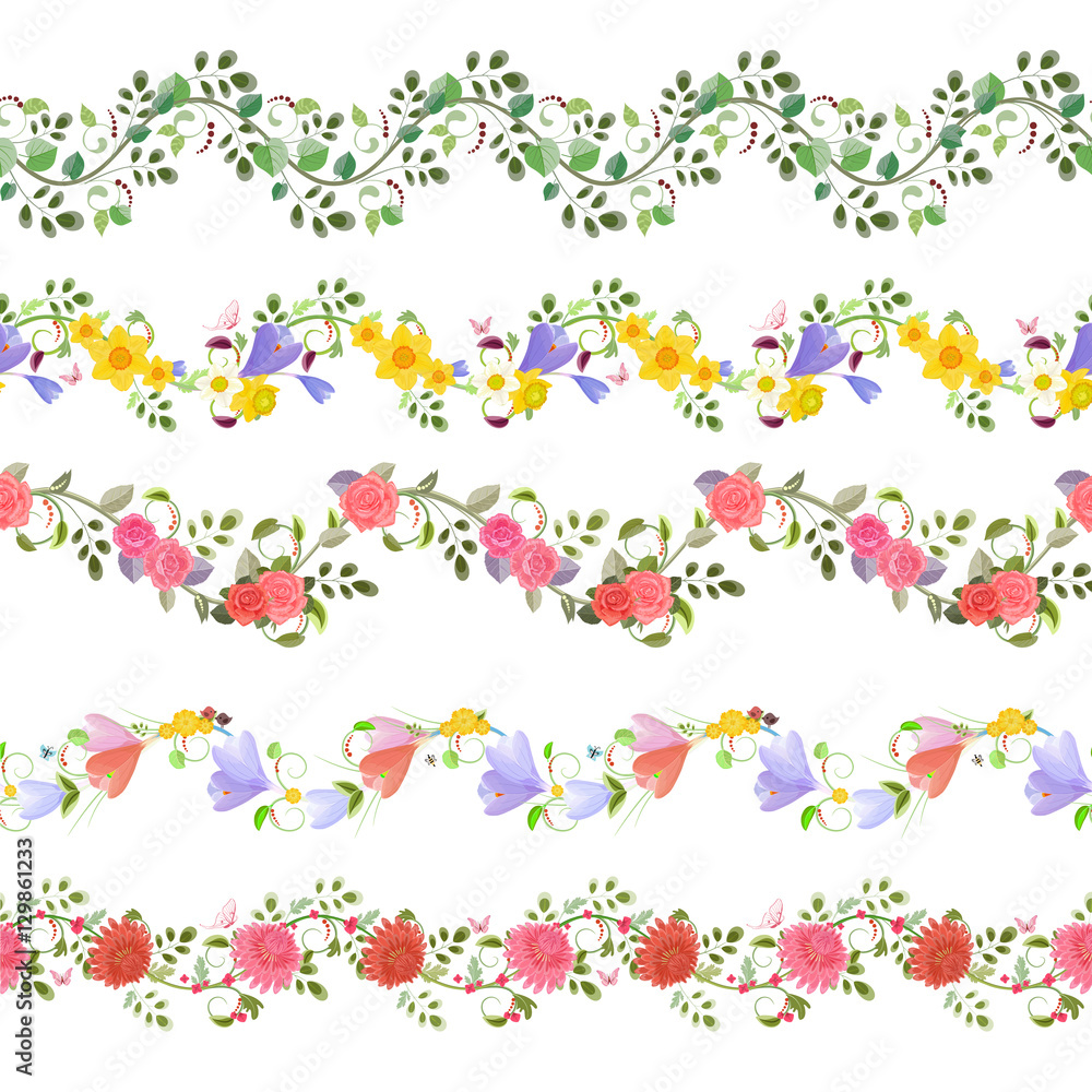 romantic floral set of seamless borders with roses, crocus, chry