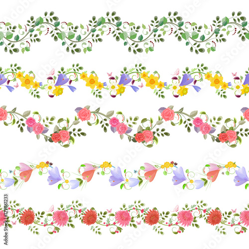 romantic floral set of seamless borders with roses  crocus  chry