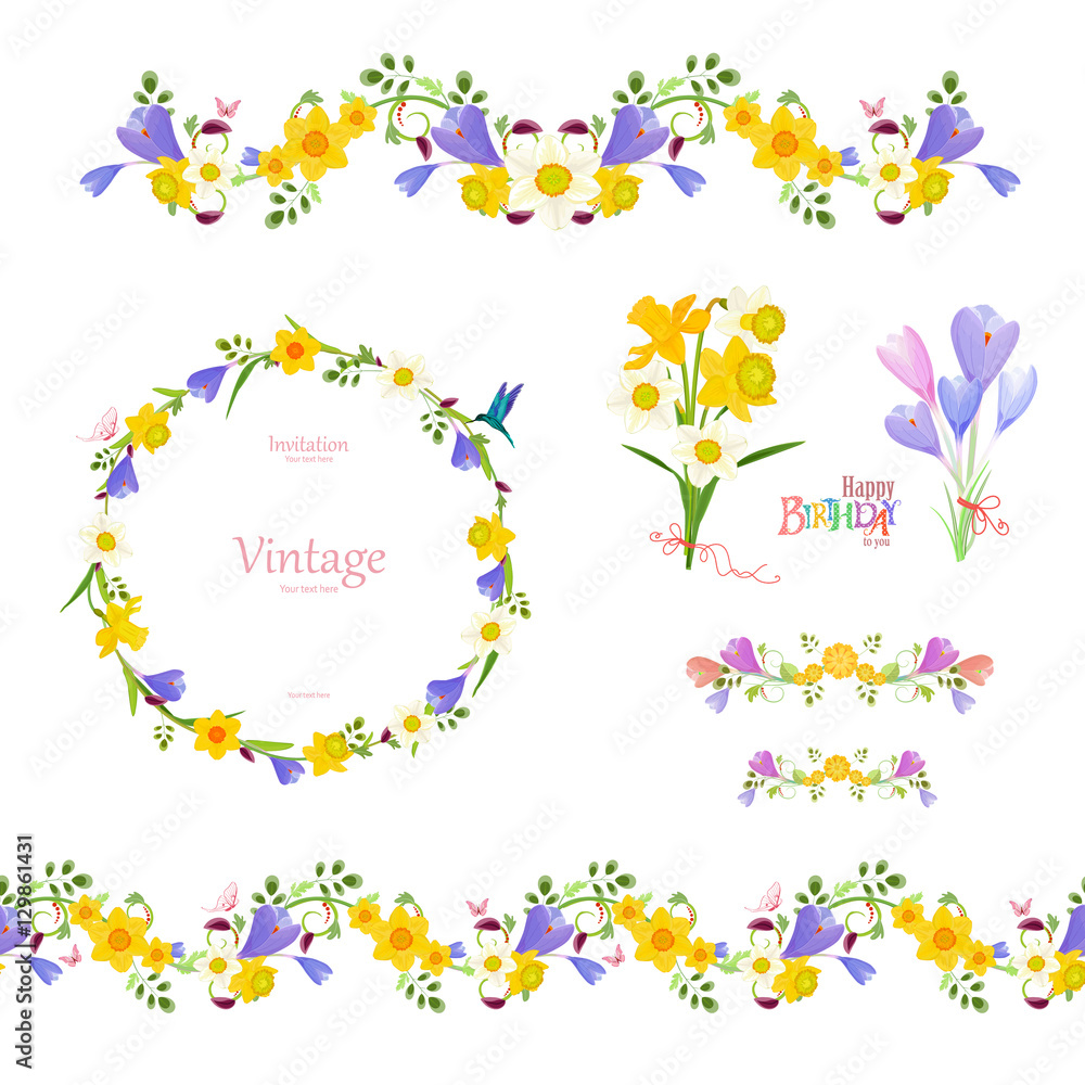 spring floral collection. seamless border and cute wreath, pre spring floral collection. seamless border and cute wreath, pre