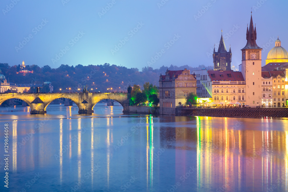 Fototapeta premium Famous Prague Landmarks at night, Europe