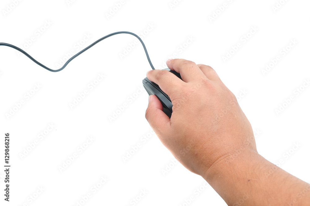 Male hand holding computer mouse isolated on white Male hand holding computer mouse isolated on white