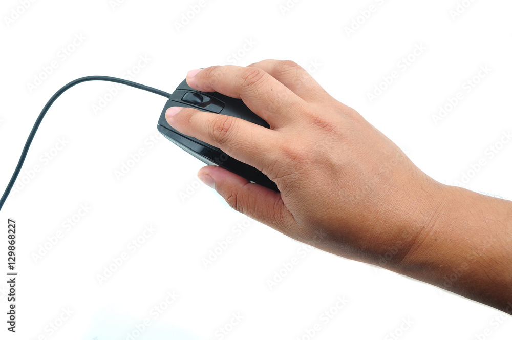 Male hand holding computer mouse isolated on white Male hand holding computer mouse isolated on white