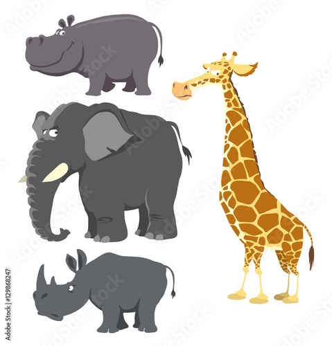 African big wild animals set. Hippo, elephant, rhinoceros and giraffe. Cartoon vector illustration