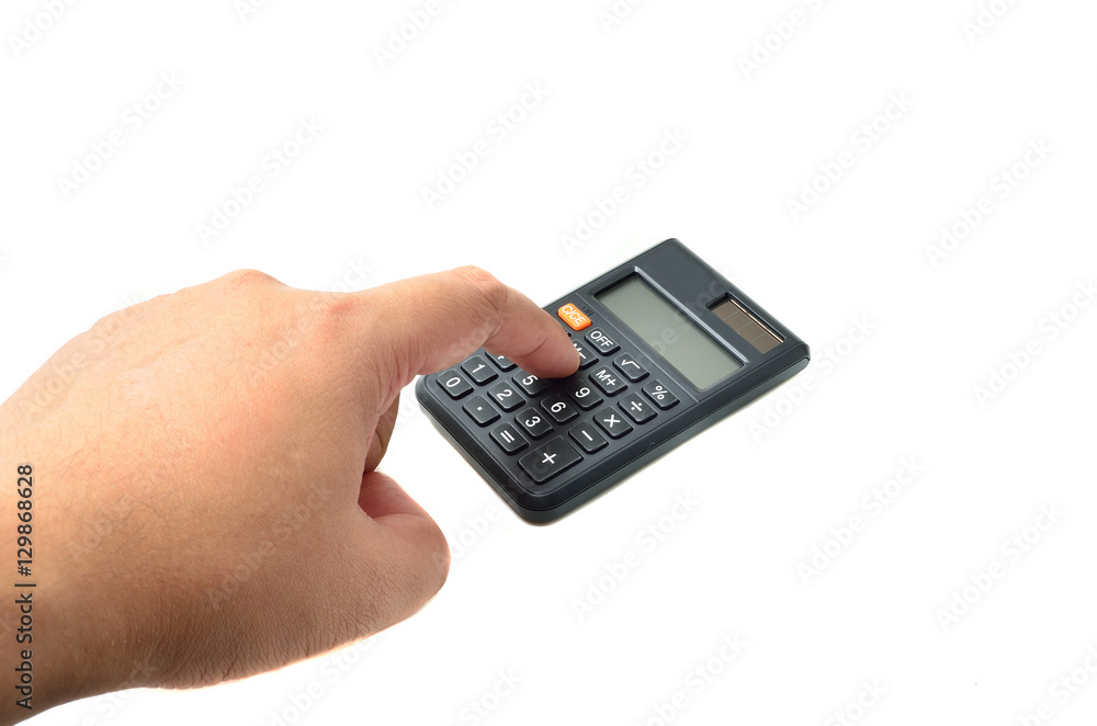 calculator with finger isolated on white calculator with finger isolated on white