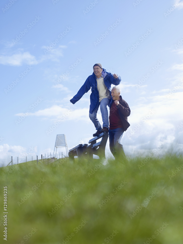 Playful senior male friends having fun at park bench Playful senior male friends having fun at park bench