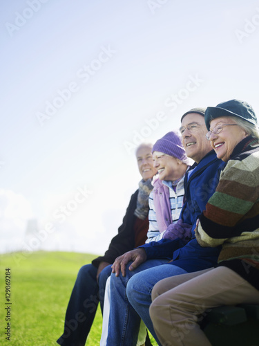 Four cheerful senior friends spending time together at park