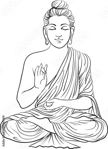 Drawing of a Buddha statue. Art vector illustration of Gautama. Buddhism Religion