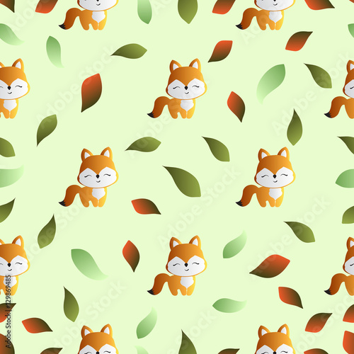 seamless pattern with smiling red fox and green leaves on a light green background 