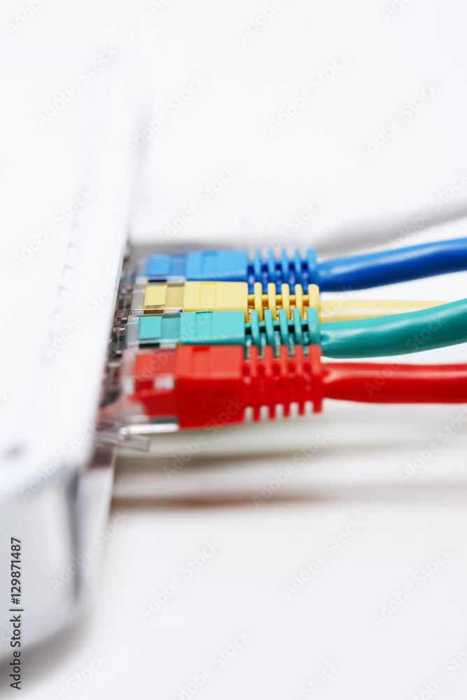 Colourful row of network connection plugs Colourful row of network connection plugs