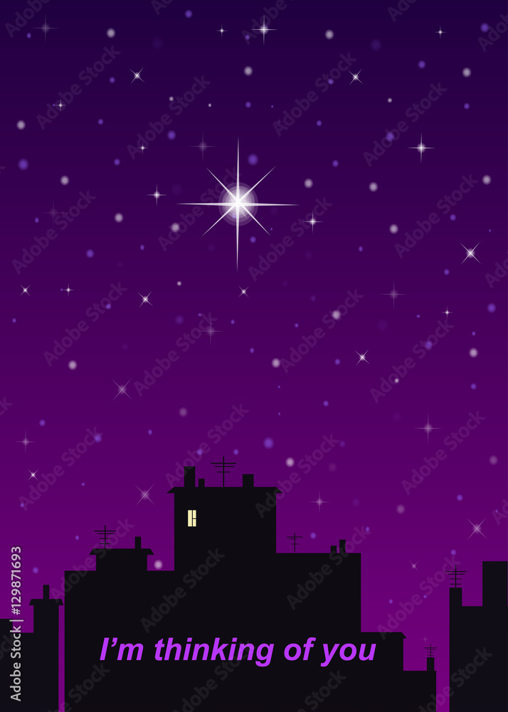 A vector night city, strarry sky and one big star