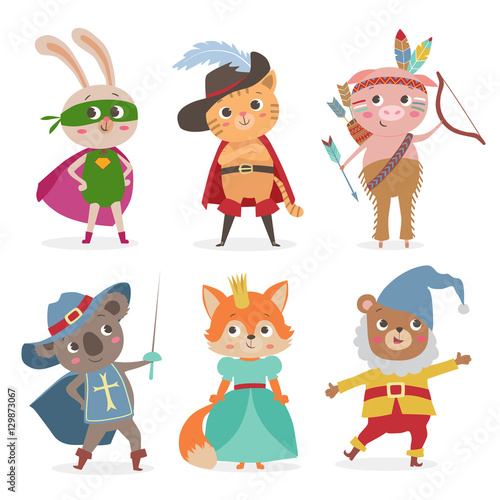 Cute animal kids in different costume. Cartoon vector illustrati