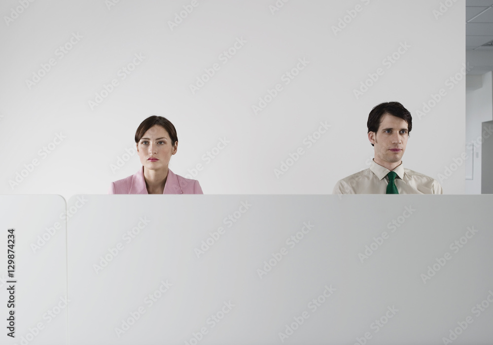 Male and female office workers behind the cubicle wall at office Male and female office workers behind the cubicle wall at office