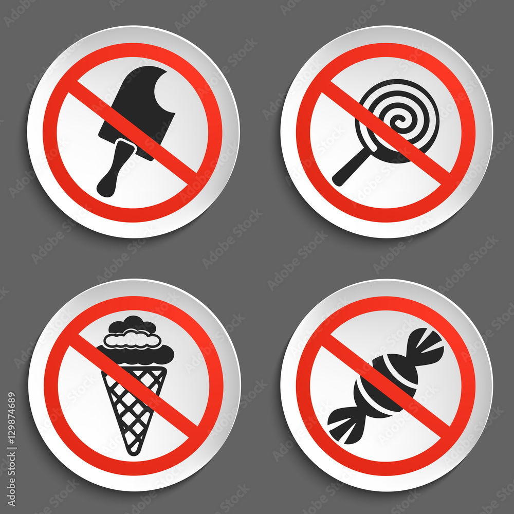 No food and Ice Cream Prohibition Signs on White Round Plate. No Ice Cream Vector Illustration on black background No food and Ice Cream Prohibition Signs on White Round Plate. No Ice Cream Vector Illustration on black background