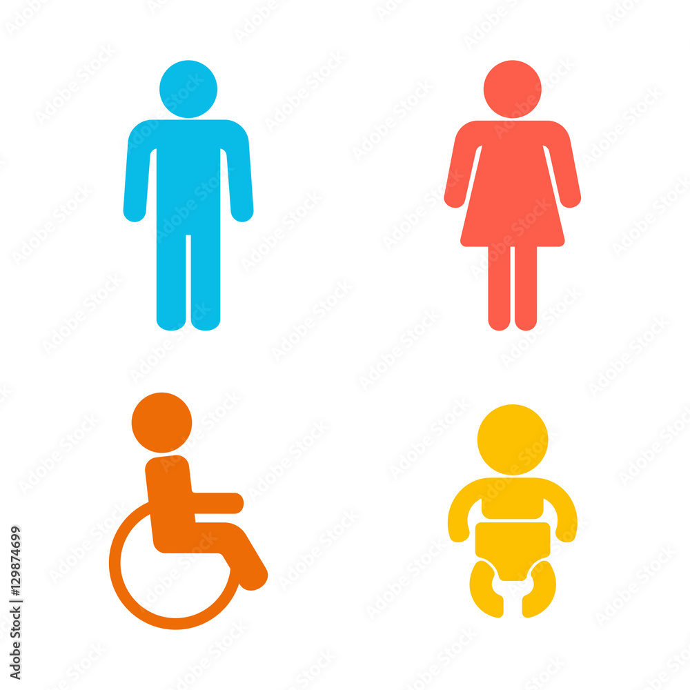 Set of 4 restroom web and mobile icons. Man, woman, child, disability. Vector illustration isolated on white Set of 4 restroom web and mobile icons. Man, woman, child, disability. Vector illustration isolated on white
