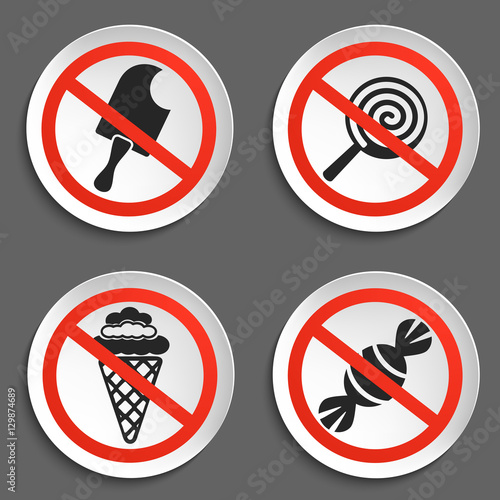 No food and Ice Cream Prohibition Signs on White Round Plate. No Ice Cream Vector Illustration on black background