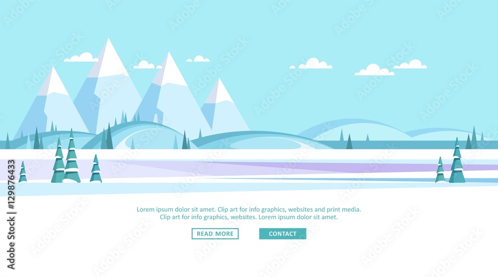 Winter landscape with mountain peaks and hills. Horizontal layout. Vector illustration.