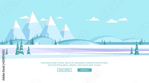 Winter landscape with mountain peaks and hills. Horizontal layout. Vector illustration.