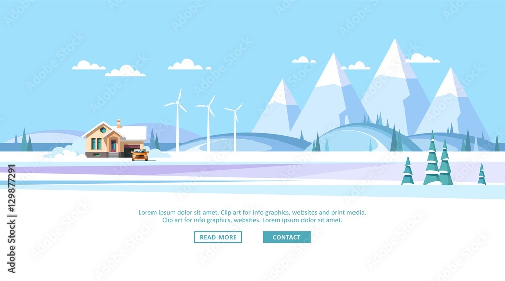 Traditional suburban house on a background of a winter landscape with hills and mountains. Vector illustration for info graphic, websites and print media. Traditional suburban house on a background of a winter landscape with hills and mountains. Vector illustration for info graphic, websites and print media.