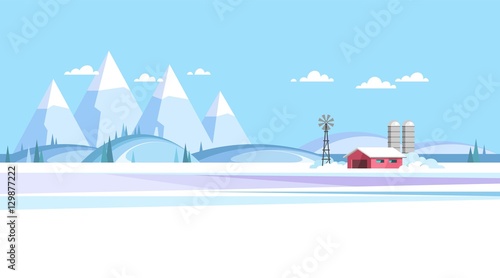 Winter rural landscape. Background of snow capped mountain and hills. Design concept for info graphic, websites and print media. Horizontal layout. Vector illustration.