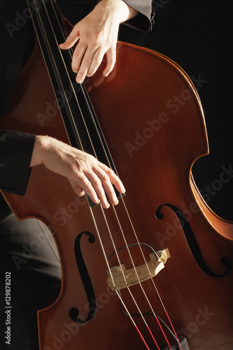 Closeup of hands plucking fingerboard of double bass