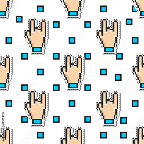 Thumbs Hand Rock vector seamless pattern. gestures pixel art style. Two fingers sign design concept background. For use on  concerts,festivals and computers games.