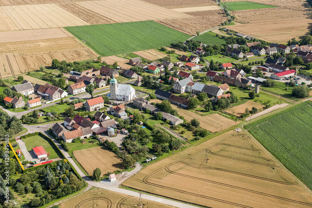 aerial view of  the village and harvest fields